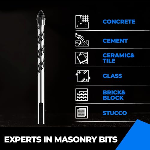 amoolo Masonry Drill Bits Set?11 Piece?,Premium Concrete Drill Bit Set for Tile, Brick, Cement, Concrete, Glass, Plastic, CINDERBLOCK, Wood etc - size: 1/8"-1/2"(11pcs)