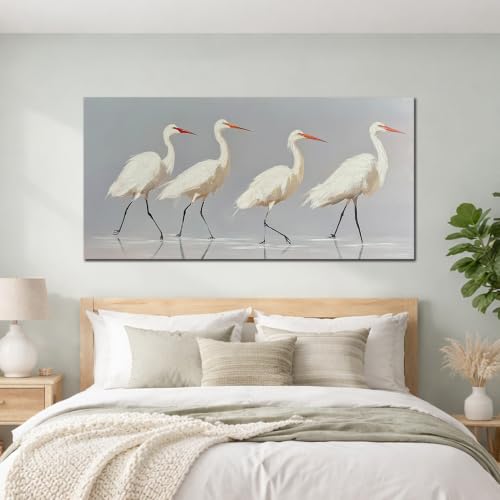 SSNEEKNDG White Heron Wall Art Bird Painting Animal Texture Artwork 24"x48" - size: 24"L x 48"W