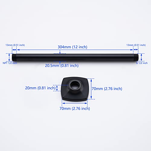 12 Inch Ceiling Mount Shower Arm and Flange, Matte Black,SW-91038-12MB. - color: R-angle Square Flange-12" Matte Black