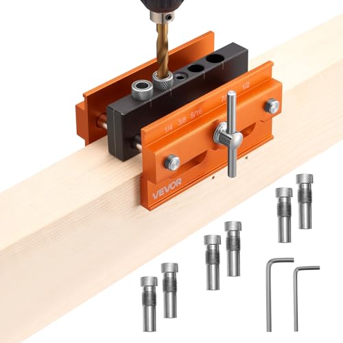 VEVOR Doweling Jig Kit, Self Centering Dowel Drill Jig for Straight Holes, Aluminum Alloy Woodworking Tools with 6 Drill Guide Bushings, Adjustable Width, for Wood Working, Drilling and Marking - size: Pro, style: Doweling Jig