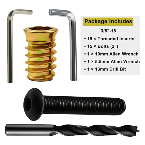 3/8"-16 Furniture Threaded Insert Kit, 15 Zinc-Plated Inserts (25mm) & 15 Grade 10.9 Bolts (2"), with 10mm & 5.5mm Wrenches and 13mm Drill Bit for Heavy-Duty Wood Furniture Repair and Assembly - size: 3/8"-16 × 25 mm(Inserts) + 3/8"-16 × 2"(Bolts)