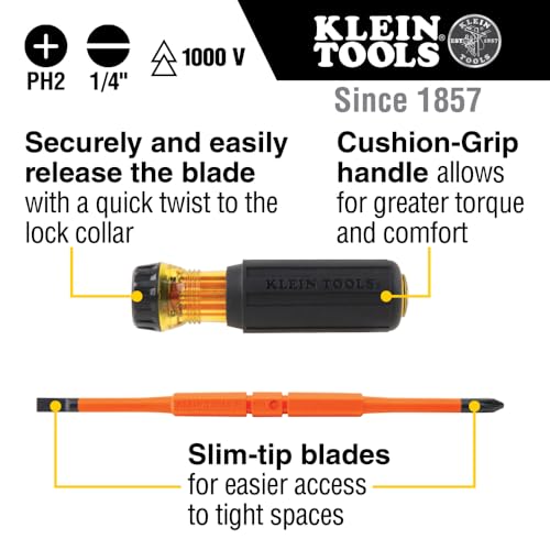 Klein Tools 32293 Insulated Screwdriver, 2-in-1 Screwdriver Set with Flip Blade, #2 Phillips and1/4-Inch Slotted Tips, Double-Ended Blades - size: #2 PH + 1/4 SL