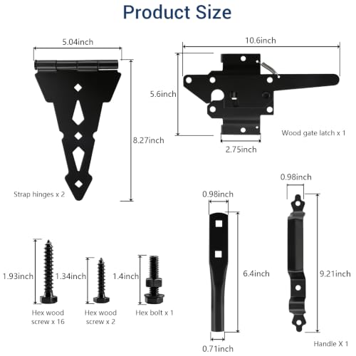 Fence Gate Hardware Kit, 8" Heavy Duty Strap Hinges and Spring Latch, Black - size: 8" Decorative Strap Hinges
