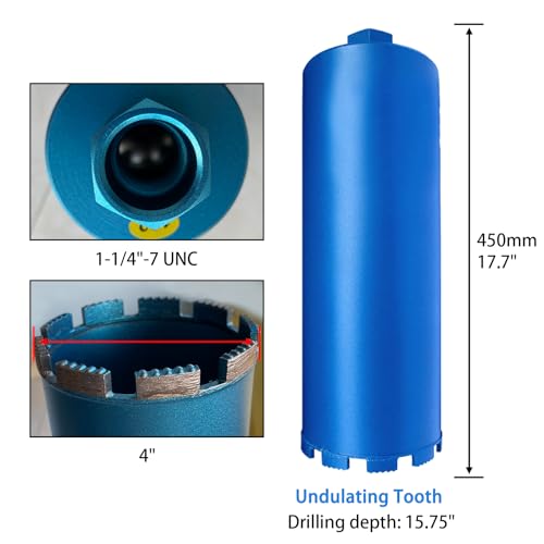 4" Core Drill Bits with 1-1/4"-7 Thread Featuring 15.74" Drilling Depth 10mm Diamond Segment Specifically Designed for Heavy-Duty Applications in Reinforced Concrete Brick and Masonry - size: 4 Inch | 102mm