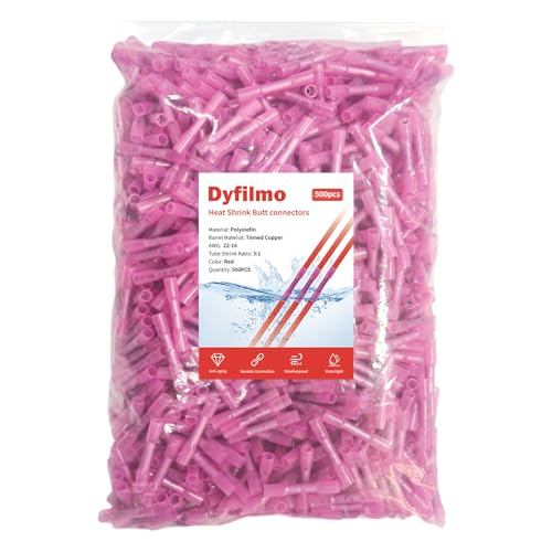 Heat Shrink Butt Connectors - 500Pcs 22-16 AWG Red Waterproof Electrical Wire Connectors Automotive Marine Grade Wire Crimp Terminals Butt Splices for Cable,Boat,Home Electrical etc. - size: [22-16 AWG] x 500