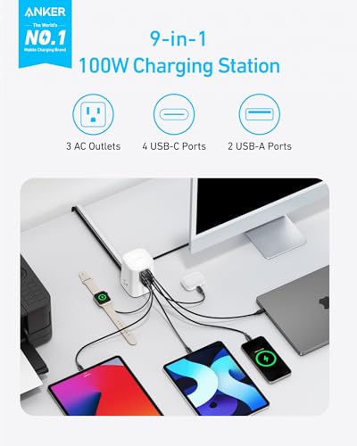Anker Desktop Charger, 9-in-1 Power Strip with 300J Surge Protector, 100W - color: White