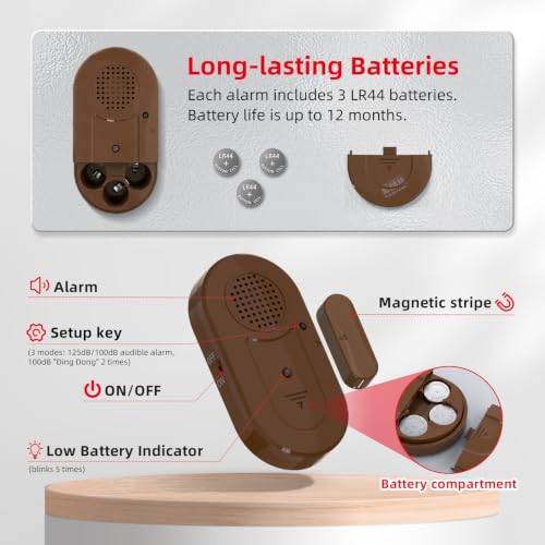 Sanjie Door Window Alarm Sensors, 5 Pack, 125dB, Volume Control - color: Brown