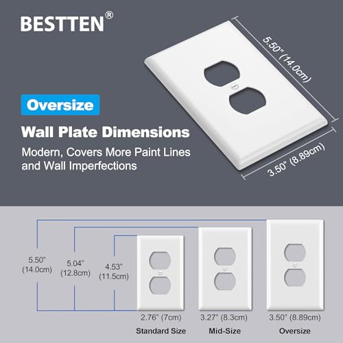 BESTTEN 10 Pack 1-Gang Jumbo Duplex Receptacle Outlet Wall Plate, White - size: Duplex Oversize