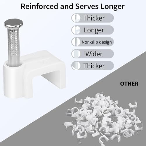 LeMotech Flat Cable Clips, 100pcs 8mm Wire Wall Clips with Steel Nails, Coaxial Nail Clamps for Cable Cord Management CAT5 CAT5e CAT6 CAT7 RJ45 Ethernet Cable Clamps, White - size: Flat (8mm)