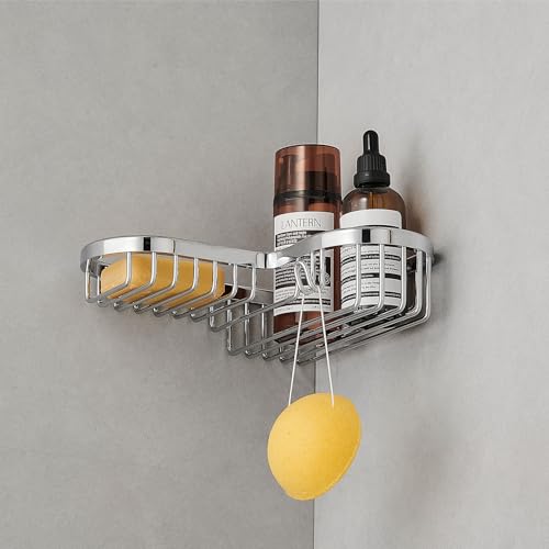 Chrome Shower Caddy Basket, Corner Soap Dish, Solid Brass Wire Basket Shelf for Inside Shower, Wall Mounted Bathroom Soap Holder in Polished Chrome - color: Chrome with Hook