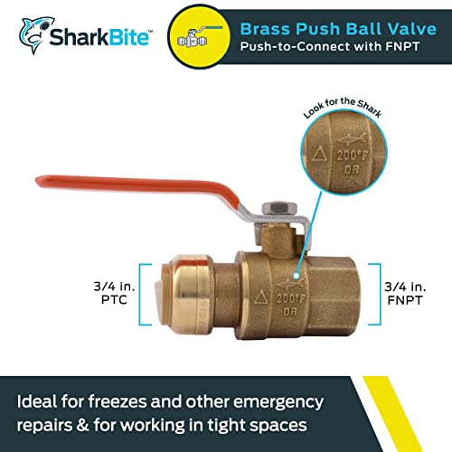 SharkBite 3/4 x 3/4 Inch Ball Valve with FNPT Connector, Push to Connect Brass Plumbing Fitting, PEX Pipe, Copper, CPVC, PE-RT, HDPE, 22186-0000LF - size: 3/4 in. x 3/4 in., style: SharkBite