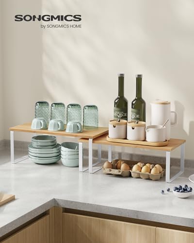 SONGMICS Cabinet Organizer Shelf, Set of 2 Spice Rack, Kitchen Storage - color: Cloud White + Natural Beige, size: 15.6"w