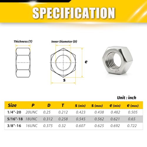 87Pcs SAE Hex Nuts Set 1/4-20 5/16-18 3/8-16 304 Stainless - size: SAE 3Size Set1;87pcs
