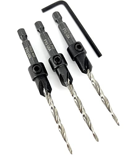 FTG USA #8 (11/64") Wood Countersink Drill Bit 3-Pc Set with Hex Key - size: #8, style: 3 Pc w/o Depth Stop
