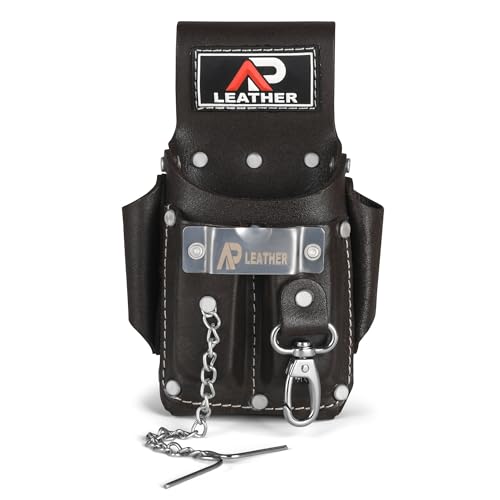 Ap-Leather Pro-5 Electrician Pouch, Leather Tool Pouch, 5 Pocket Pouch with Electrical Tape Holder, Durable Compartments, Tool Pouch with Belt Clip, Dark Brown - color: Chocolate