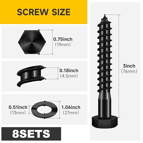 Mywish (8Sets) 1/2" x 3" Hex Head Lag Bolts, Heavy Duty Lag Screws with Washers, 304 Stainless Steel Bolts 18-8, Lag Screws Wood Screws, Partial Thread Black Oxide, 1/2 Bolt - size: 1/2 x 3" (8 set)