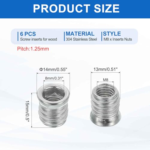 MECCANIXITY 6Pcs Threaded Inserts Nuts, M8x15mm Hex Socket Drive Nut Inserts for Wood - 304 Stainless Steel Screws Furniture Screw in Nuts Bolt Fastener Connector Wood - size: M8x15mm