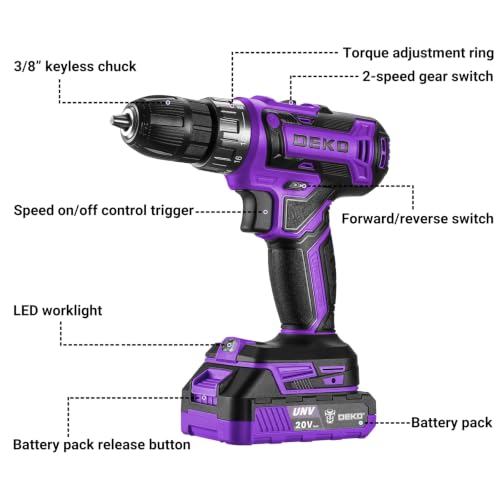 Power Drill Cordless: DEKO PRO Cordless Drill 20V Electric Power Drill Set Tool for Women Drills with Battery and Charger 20 Volt Drills Driver Kit Purple - color: Purple