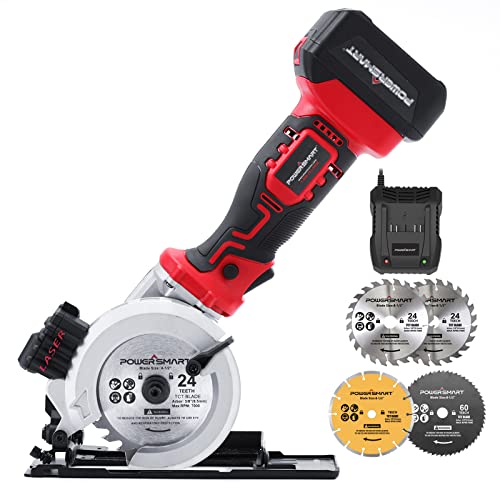 PowerSmart 20V 4-1/2 Inch Cordless Mini Circular Saw with 4.0Ah Battery and Fast Charger, 4 Blades Ideal for Wood, Soft Metal, Tile and Plastic Cuts