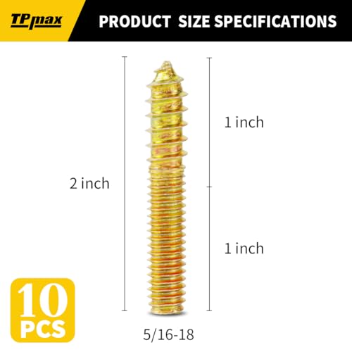 TPmax 10 Pack 5/16-18 x 2 Inch Hanger Bolts Double Headed Bolts Self-Tapping Screw Hanger Bolts for Furniture (5/16-18" x 2") - size: 5/16-18" x 2"