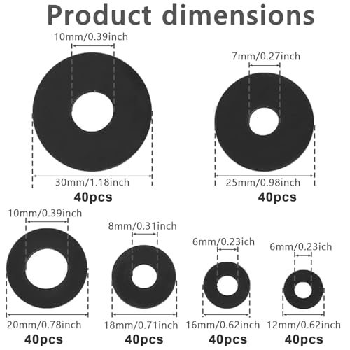 240 Pcs Rubber Washers Assortment Kit, 12/16/18/20/25/30 mm Black Rubber Gasket, Vibration Absorbing Sealing Washer for Bolts Faucets Screws Garden Hose Shower Head (6 Sizes)
