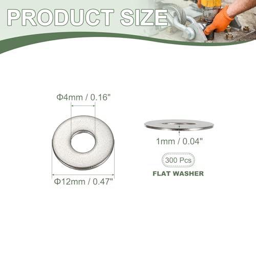 Flat Washers, 304 Stainless Steel Hardware Assorted Washer, 12 x 4 x 1 mm Fit for Bolts Screws Industrial Use (300 Pack, Silver) - size: 12 x 4 x 1 mm