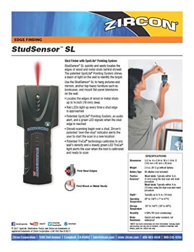 Zircon Stud Sensor SL, Metal And Wood Stud Finder, Edge Finding Wall Scanner, 3/4-Inch Depth With SpotLite Pointing System