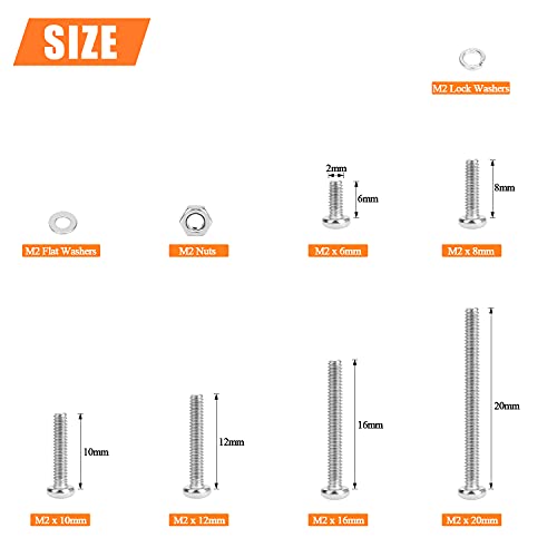 HELIFOUNER 420 Pieces M2 x 6mm /8mm /10mm /12mm /16mm /20mm, Phillips Pan Head Machine Screws, Metric Screws Bolts Washers Nuts Kit, 304 Stainless Steel - size: M2