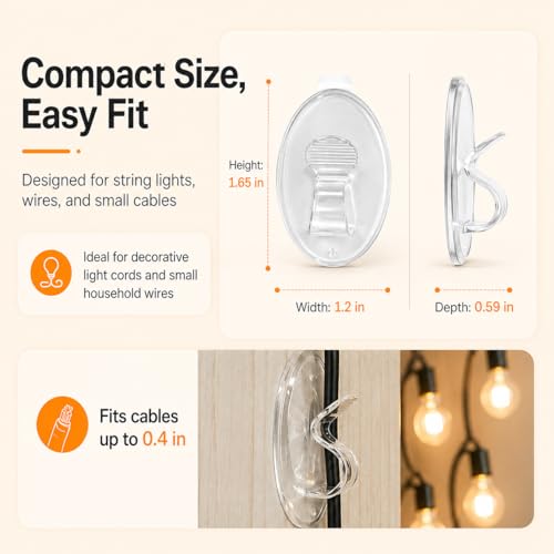Outdoor String Lights Adhesive Hooks - 40Pcs Clips 3X Stronger Adhesion - color: Clear 40 hooks