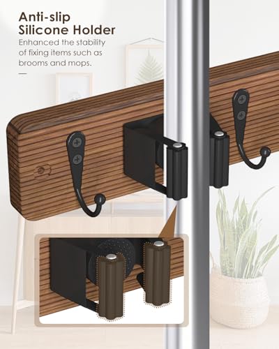 Broom Holder Wall Mount, 4 Holders 4 Hooks Mop and Broom Organizer - color: Brown, size: 1 Pack