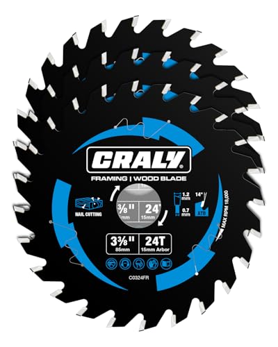 CRALY 3-3/8 Inch 24 Teeth Wood Cutting Framing Circular Saw Blade, 15mm Arbor, Carbide Tipped, Thin Kerf, Black Ice™, for Plywood, MDF, OSB, Laminated, 3-Pack(C0324FR-3) - size: 3-3/8 inch, 0.591 inch arbor, 24T*3