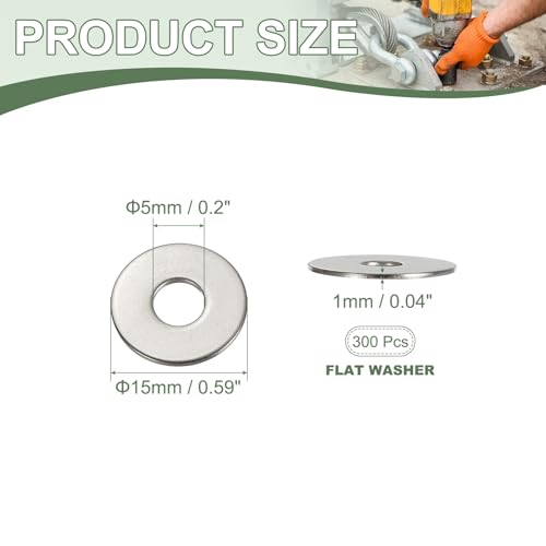 Flat Washers, 304 Stainless Steel Hardware Assorted Washer, 15 x 5 x 1 mm Fit for Bolts Screws Industrial Use (300 Pack, Silver) - size: 15 x 5 x 1 mm