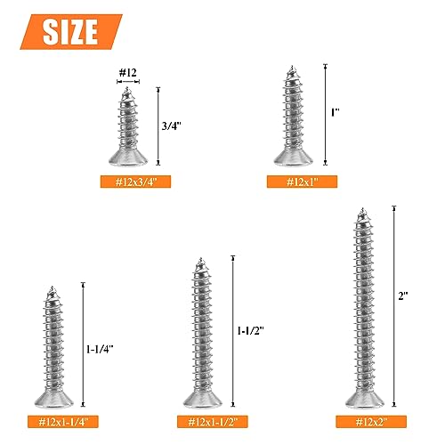 #12 x 3/4" 1" 1-1/4" 1-1/2" 2" Wood Screws Set, HELIFOUNER 54 Pieces Phillips Countersunk Head Self-Tapping Screws Assortment Kit, Phillips Flat Head Wood Screws, 304 Stainless Steel - size: #12