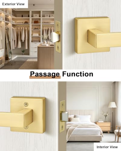 Probrico Passage Gold Closet Door Handles, 6 Pack Interior Non-Locking Square Zinc Alloy Lever, Reversible for Right & Left Side - color: Brushed Gold