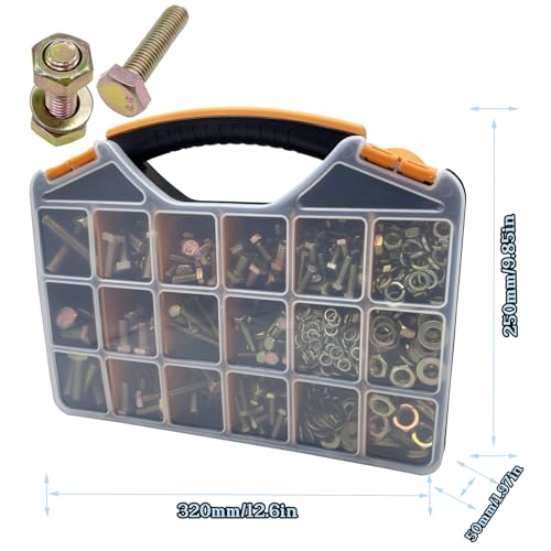 900PCS Metric Bolt Assortment, M6 M8 M10 M12 Grade 8.8 Bolts and Nuts Kit, Nut and Bolt Assortment, Nuts and Bolts, Metric Bolt Kit, Yellow Zinc Plated Coating, 18 Sizes