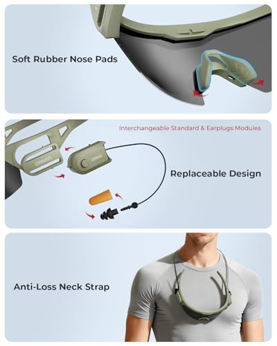 ONNAIS Safety Glasses ANSI Z87.1+ with Earplugs NRR 32dB - color: Military Green