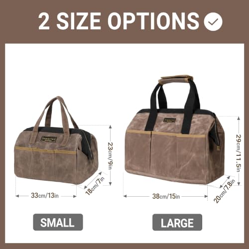 Tool Bag, 13-inch Heavy Duty 16oz Waxed Canvas Wide Mouth Water-Resistant Tool Bag, Tool Tote with Handle for Tools, Wrenches, Screwdrivers (13 X 7 X 9 inch) | Grey - color: Grey, size: 13 Inch