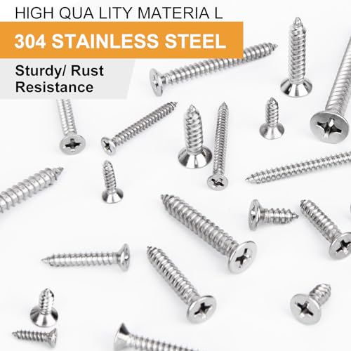 VIGRUE 560Pcs Stainless Steel Wood Screws Set #4#6#8#10#12 Phillips Countersunk Sheet Metal Screws Self Tapping Assortment Kit, Length 1/4" to 2" - style: 560pcs Flat head #4 #6 #8 #10 #12