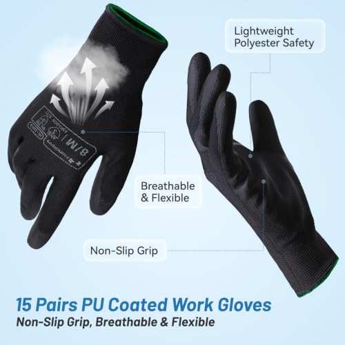HandLove PU Coated Work Gloves 15 Pairs, Lightweight Polyester Safety Gloves with Non-Slip Grip - color: Black, size: M(15 Pairs)