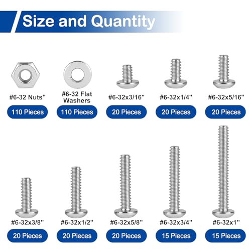 #6-32 x 3/16" to 1" Phillips Pan Head Machine Screws Kit with Nuts Washers - size: #6-32