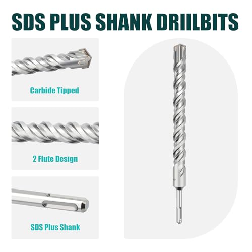 2 Pcs 1"x 12.2"(25x310mm) SDS Plus Rotary Hammer Bit for Concrete - size: 1 in x 12.2 in (25 x 310mm)