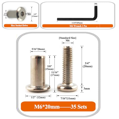 M6 x 3/4" Hex Drive Socket Cap Bolts Screws Kit,ALLOYPRO 35-Sets Binding Post Screws Socket Cover Connecting Bolt Fixing Post Screw for Furniture Chair Crib Table Cabinets,M6x20mm - color: Silver, size: Silver-M6*20mm-35sets