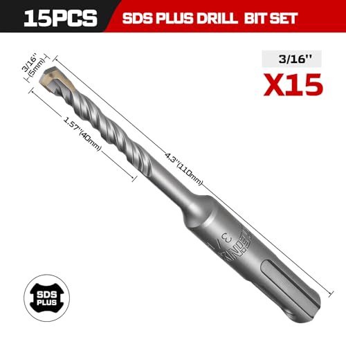 Geinxurn 3/16" x 4" SDS Plus Rotary Hammer Drill Bits, 15PCS Double Thread Masonry Drill Bits Set Carbide Tipped, Drilling in Brick, Stone and Concrete, Cement Walls - size: SDSBIT031604-015