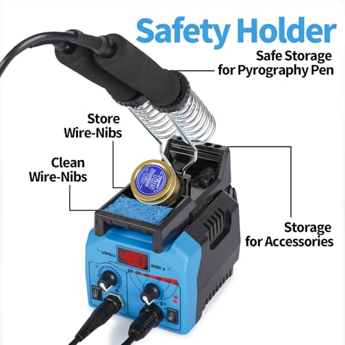 YIHUA 939D-II Pyrography Pen Wood Burning Kit Station 2-in-1 Solid-Point 200~480°C (with Temp Display)/Wire-Nib 250~750°C with 20 Nibs, Solid Points, 1 Stable Pen Holder, 2 Scrap Wood (Blue) - color: Blue