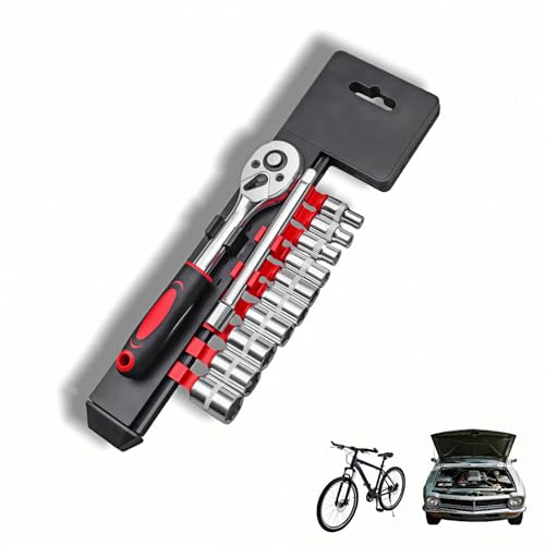 Professional 12PCS 1/4" Drive Metric Socket Wrench Set,90-Tooth Reversible Ratchet Handle,6-Point Shallow Sockets (4-13mm)&4" Extension Bar,CR-V Steel for Automotive,Motorcycle,Bike Repair Tools