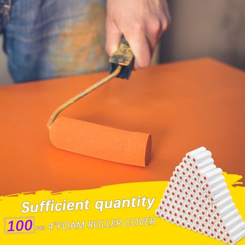 100 Pcs 4 Inch Foam Paint Roller with 2 Handles, Mini High Density Foam Roller Refills Paint Edger Tool for Walls Brings Smooth Finishes Flat Surfaces (White)