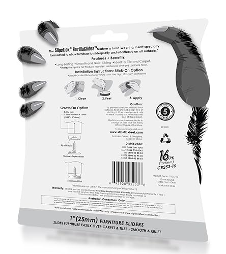 GorillaGlides 1 Inch Chair Sliders/Furniture Floor Protectors (16 Furniture Glides) Self-Adhesive Screw On Chair Glides for Sliding on Low-Pile Carpet & Hard Surface Floors, Round (Pack of 4) - size: 1 Inch Furniture - 64 Pack