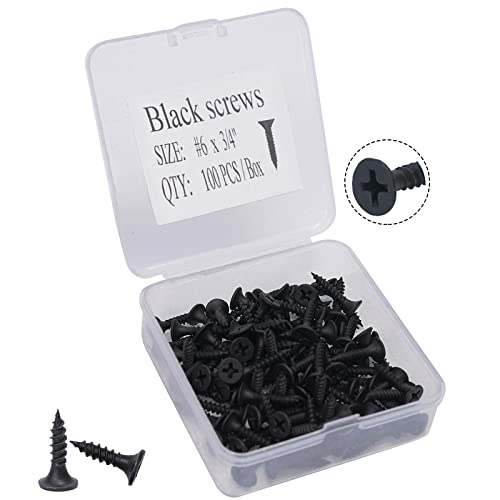 #6 X 3/4" Wood Screws 100pcs Black Flat Phillips Screws Self Tapping Wood Screws Carbon Steel Assorted Drywall Screws for Wood, Cabinet, Furniture - size: #6 X 3/4"