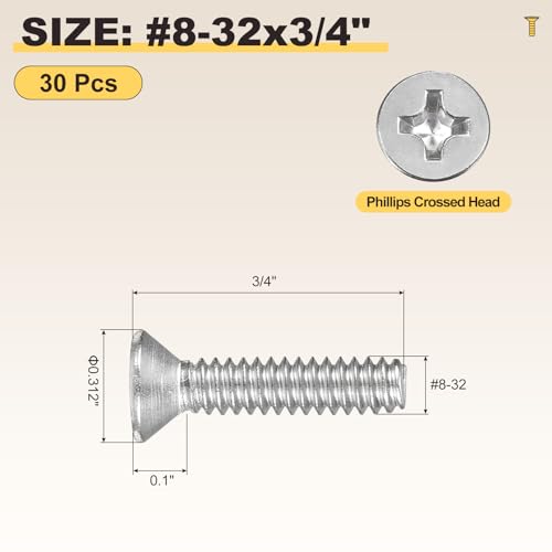 METALLIXITY #8-32x3/4 Phillips Flat Head Bolts 304 Silver 30Pcs - color: Silver, size: #8-32x3/4"