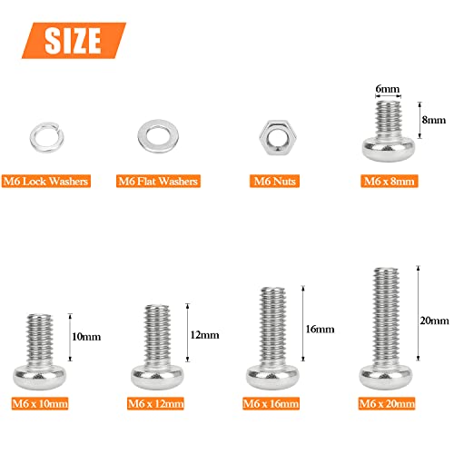 HELIFOUNER 140 Pieces M6 x 8mm /10mm /12mm /16mm /20mm, Phillips Pan Head Machine Screws, Metric Screws Bolts Washers Nuts Kit, 304 Stainless Steel - size: M6